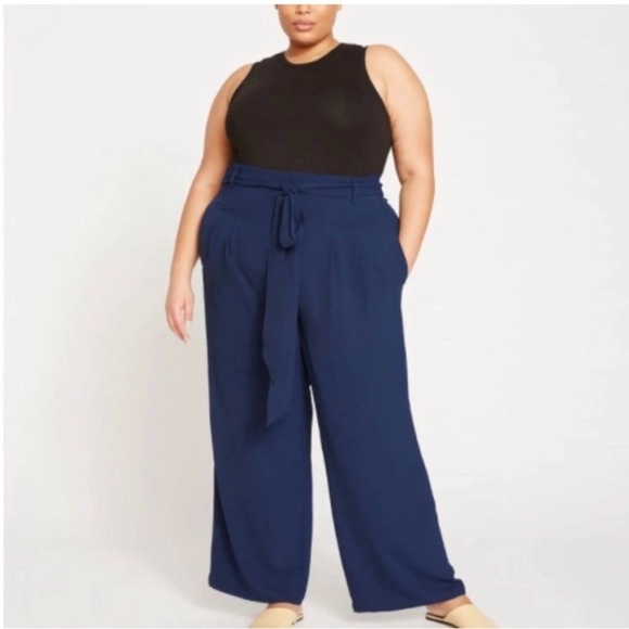UNIVERSAL STANDARD PLUS Tresa Wide Leg Tie Pants in Navy Satin SZ: 18 - Picture 1 of 10